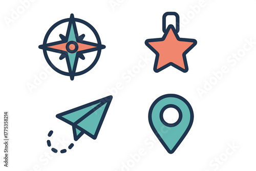 Modern navigation and travel icons set featuring compass rose paper airplane and location pin