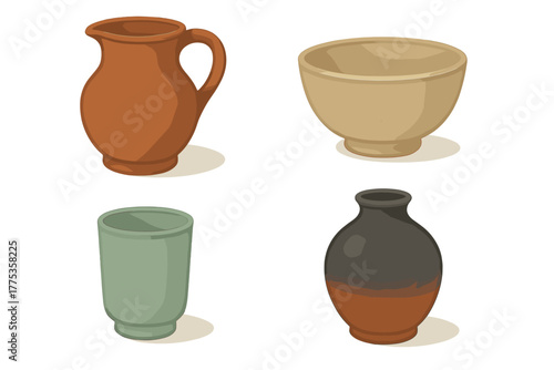 Set of traditional ceramic pottery vessels including a terracotta pitcher, beige bowl, green cup, and dark vase