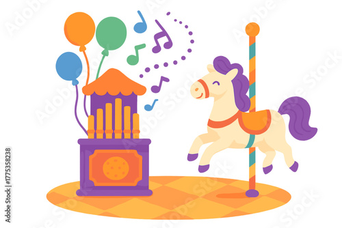 Whimsical carousel horse and calliope playing music with colorful balloons at a fun fairground