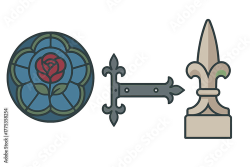 Gothic architectural elements set including stained glass rose window ornate hinge and fleur-de-lis