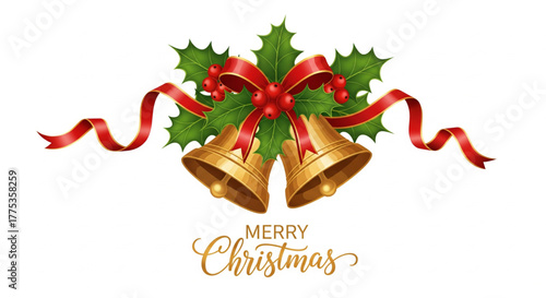 Festive Christmas Bells Gold Bells Adorned with Holly and a Red Ribbon for Holiday Greetings