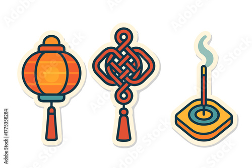 Traditional Chinese lantern, decorative knot, and burning incense stick for Lunar New Year
