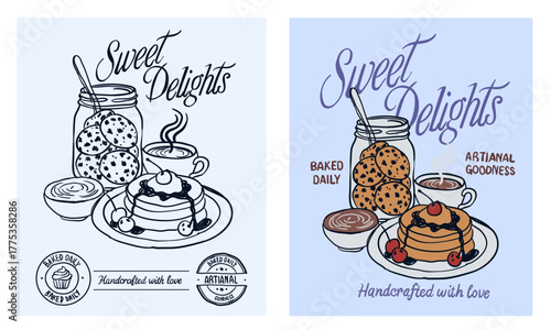 Hand drawn retro typography breakfast print design with vintage drawing, for graphic tee t shirt or sweatshirt, vector set.