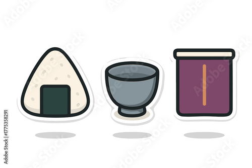 Traditional Japanese food and drink items including onigiri rice ball, sake cup, and container