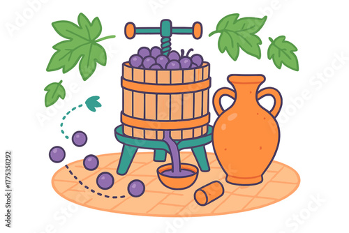 Traditional wooden wine press crushing purple grapes into juice with a ceramic jug
