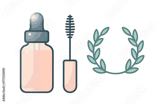 Cosmetic dropper bottle mascara brush and natural laurel wreath symbols