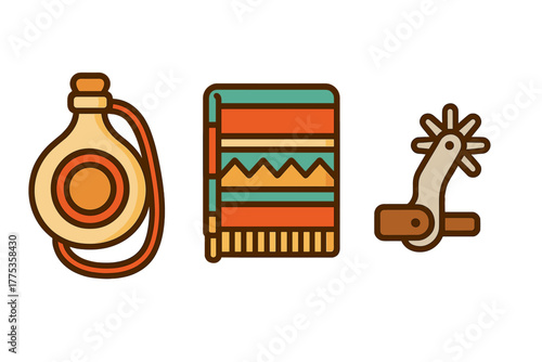 Western cowboy gear including a water canteen, patterned blanket, and metal riding spur