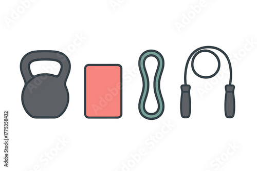Essential fitness equipment set including kettlebell, yoga mat, resistance band, and jump rope