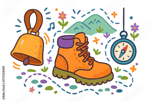 Essential hiking and trekking gear set with boot, safety bell, and navigation compass in nature