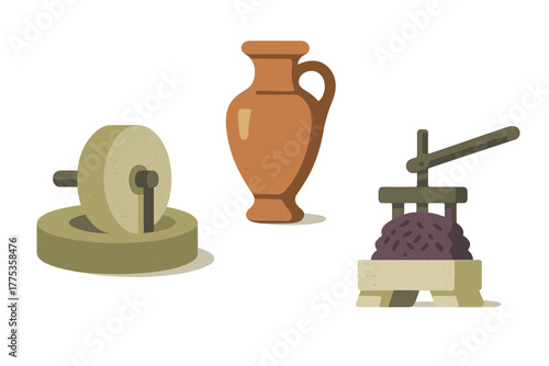 Ancient tools for olive oil and wine production featuring a millstone, a press, and a jar