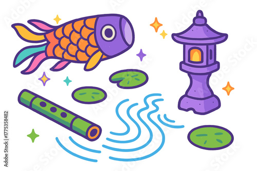 Brightly colored Japanese cultural symbols featuring a koi fish, stone lantern, and bamboo flute