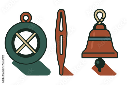 Stylized graphic representation of antique sewing instruments and tailoring equipment