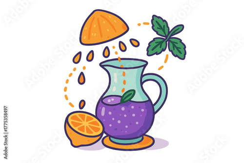 Freshly squeezed citrus juice pouring into a glass pitcher with mint garnish and purple beverage
