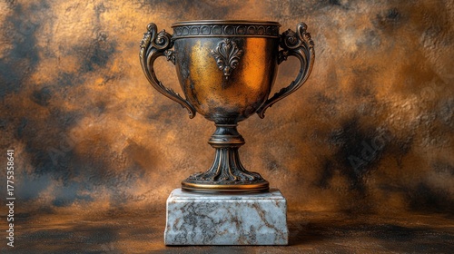 Antique bronze trophy on marble base against textured backdrop
