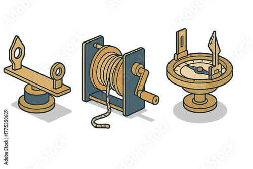 Isometric icons of nautical and surveying equipment: compass, rope winch, sighting device