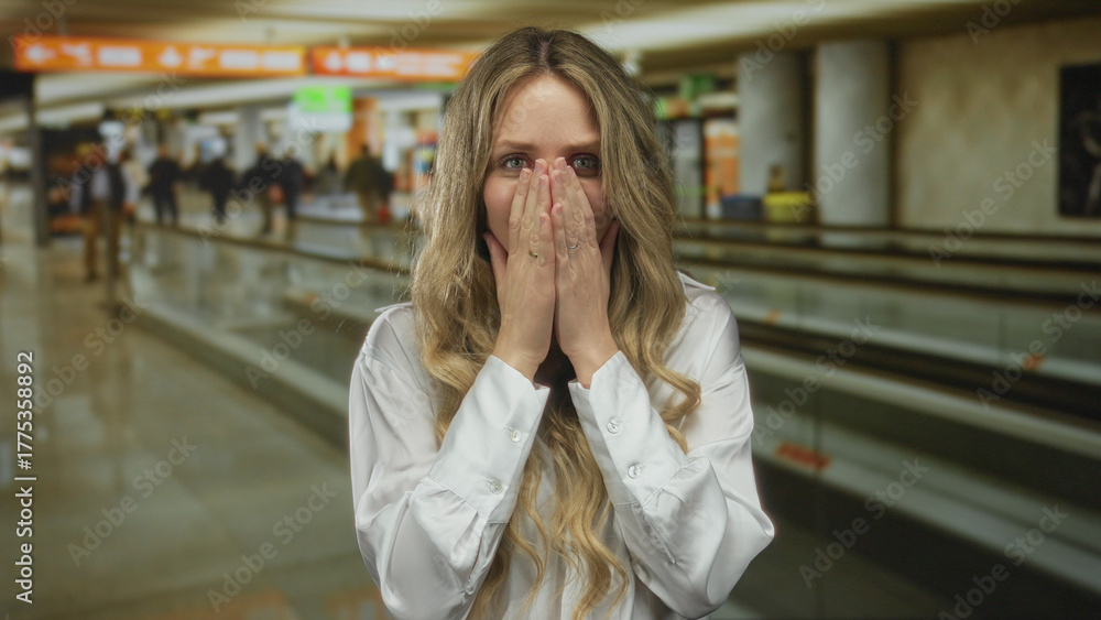 Fototapeta premium Young blonde woman in white shirt standing indoors at busy airport terminal appearing stressed with hands on face and blurred travelers in background.
