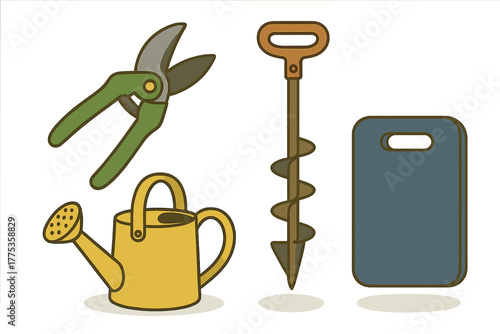Set of essential gardening tools including pruning shears, watering can, kneeling pad, and earth auger