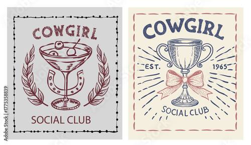 Hand drawn cowgirl social club logo type artwork,  Cowgirl in a glass of martini cocktail. Cowgirls cocktail club vector set. American social club graphic print.