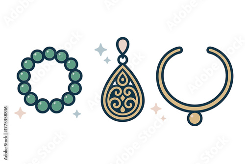 Set of precious jewelry accessories including beaded bracelet, ornate pendant, and gold choker necklace