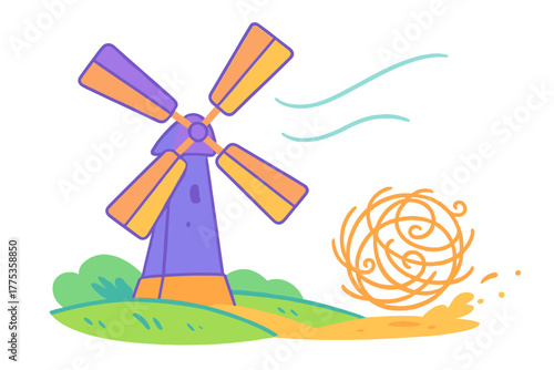 Brightly colored windmill on grassy landscape with strong wind and rolling tumbleweed