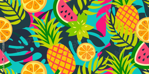 Vibrant tropical fruit and leaf pattern with pineapple orange and watermelon slices