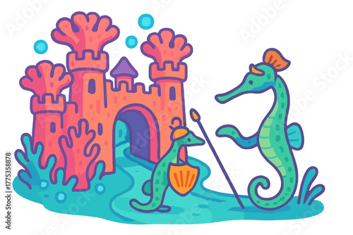 Adorable seahorses, one dressed as a knight, standing near a vibrant coral castle in an underwater fantasy world