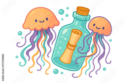 Colorful happy jellyfish swimming next to a message in a bottle floating underwater