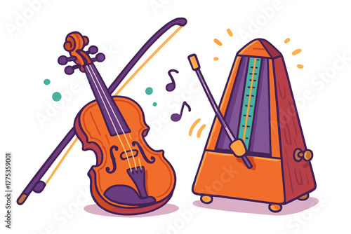 Classic violin and bow placed next to a traditional pyramid metronome