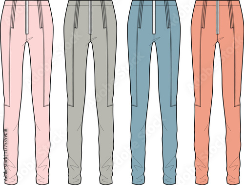 Four technical flat sketch templates of women's athletic joggers in different colors, showcasing modern activewear design for fashion apparel concepts