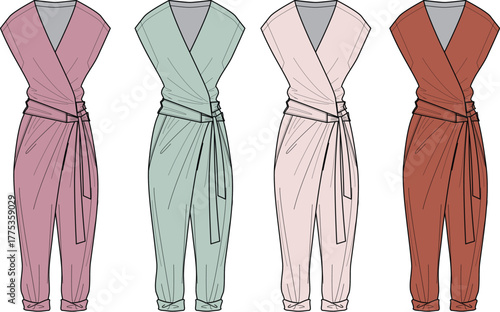 Detailed fashion flat illustration of a women's contemporary V-neck wrap jumpsuit with a cinched tie-waist, showcasing various color options for clothing design
