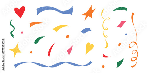Hand drawn confetti set. Crayon sparkle icons, fireworks, twinkle spirals, doodle chalk shapes for childish birthday, carnival, kid holiday, Christmas, weeding. Grunge Isolated vector illustration.