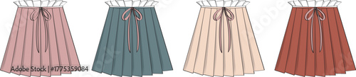 Colorful pleated skirts with bows Fashionable apparel illustrations in various shades for clothing design