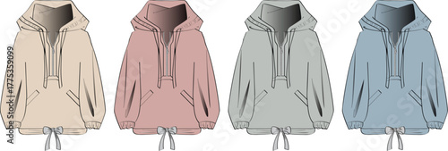 Color Palette Fashion Illustration Detailed Technical Drawings of Stylish Hoodies for Design