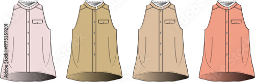 Vector illustration set of women's sleeveless collared shirts in four colorways. Apparel design and clothing mockup template for fashion