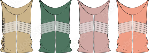 Four draped fabric samples displayed in four pastel shades beige, green, pink, and peach