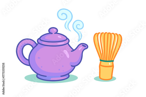 Steaming purple teapot and bamboo matcha whisk for traditional tea ceremony