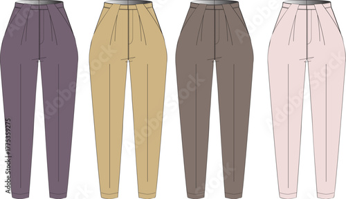 Collection of women's casual trousers in four different colors purple, beige, taupe, and light pink, presented flat lay