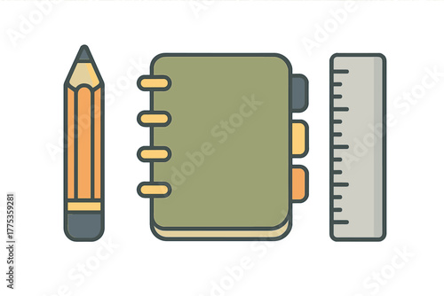 Classic school and office supplies arrangement with a pencil, notebook, and ruler
