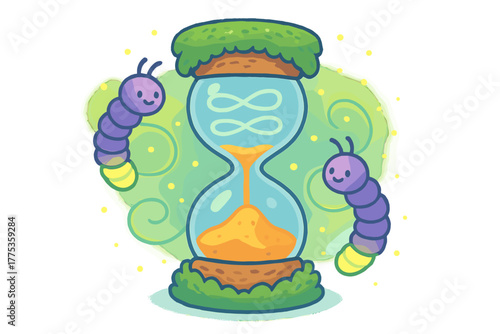 Magical hourglass with glowing firefly characters and green foliage symbolizing eternal time