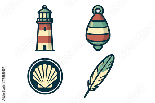Set of four colorful nautical and coastal icons: striped lighthouse, buoy, seashell emblem, and decorative feather