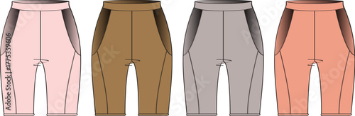 Four pairs of capri pants in different pastel colors displayed side by side on a white background