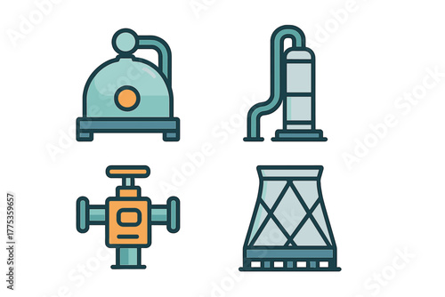 Industrial process equipment featuring chemical plant machinery and cooling tower structure