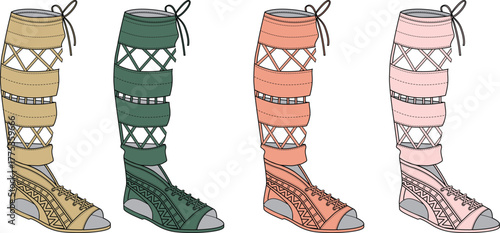 Collection of Ancient Roman Gladiator Sandals in Various Colors for a Historic Costume Design