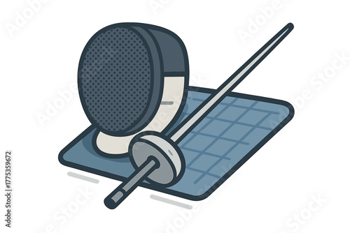 Fencing sport protective gear set featuring a metallic mask and a long foil sword