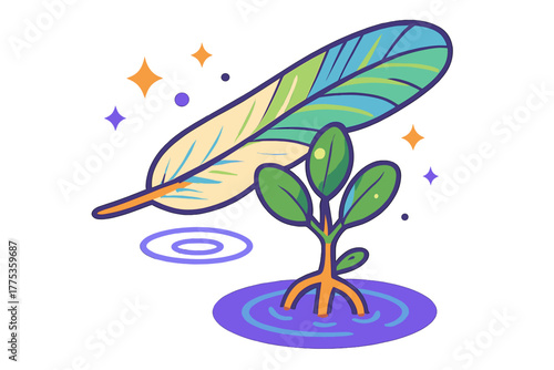 Colorful feather floating above a young mangrove plant growing in purple water with abstract sparkles