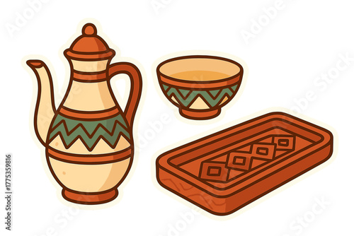 Traditional ceramic coffee pot bowl and serving tray set with geometric patterns on white background