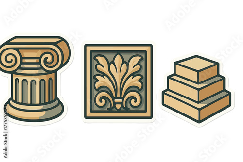 Set of classical architectural elements including Ionic column capital acanthus panel and stepped base