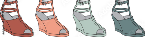 A collection of four women's wedge sandals in various shades of coral and teal, featuring peep toes and ankle straps