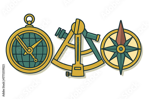 Vintage navigational instruments set featuring a marine sextant, pocket watch, and compass rose