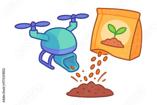 Smart farming drone dropping seeds into a pile of soil near an open bag of planting material